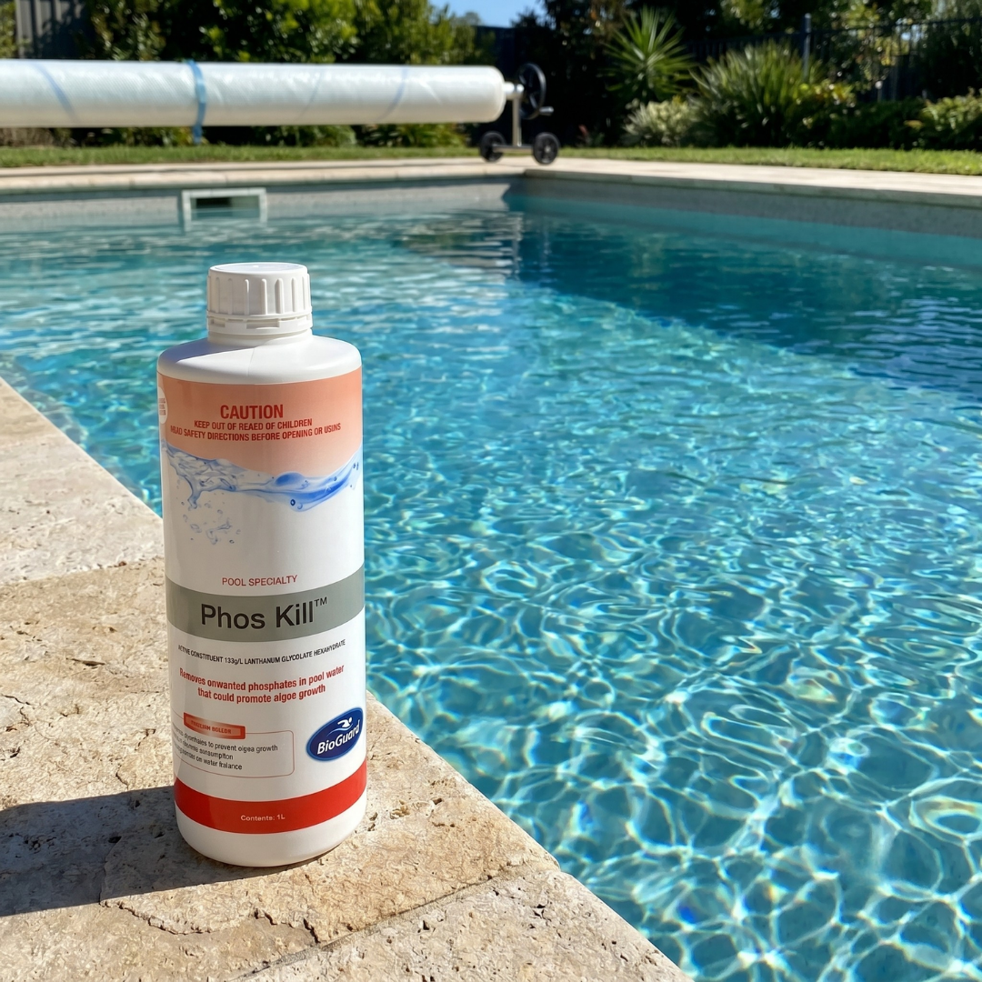 A 1-liter bottle of BioGuard Phos Kill phosphate remover standing on the stone coping next to a sunny backyard swimming pool with a rolled-up pool cover in the background.