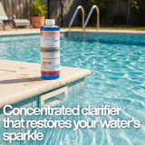 A bottle of BioGuard Polysheen Plus pool water clarifier sits on the edge of a sunny backyard swimming pool with sparkling clear water. A large white text overlay states, "Concentrated clarifier that restores your water sparkle," emphasizing the product's performance.