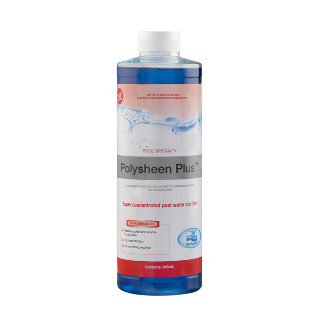 A 946ml bottle of BioGuard Polysheen Plus super concentrated pool water clarifier isolated on a solid white background. The label features the BioGuard logo and indicates that it restores polish and sparkle to pool water, improves filtration, and requires no pre-mixing.