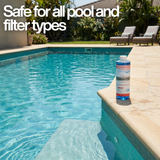 A 946ml bottle of BioGuard Polysheen Plus concentrated pool clarifier sitting on the stone edge of a clear backyard swimming pool. Large white text overlay reads "Safe for all pool and filter types," emphasizing compatibility with various filtration systems.