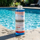 A 946ml bottle of BioGuard Polysheen Plus super concentrated pool water clarifier standing on the wet stone edge of a bright blue backyard swimming pool. The label highlights its use as a pool specialty water clarifier to restore polish and sparkle.
