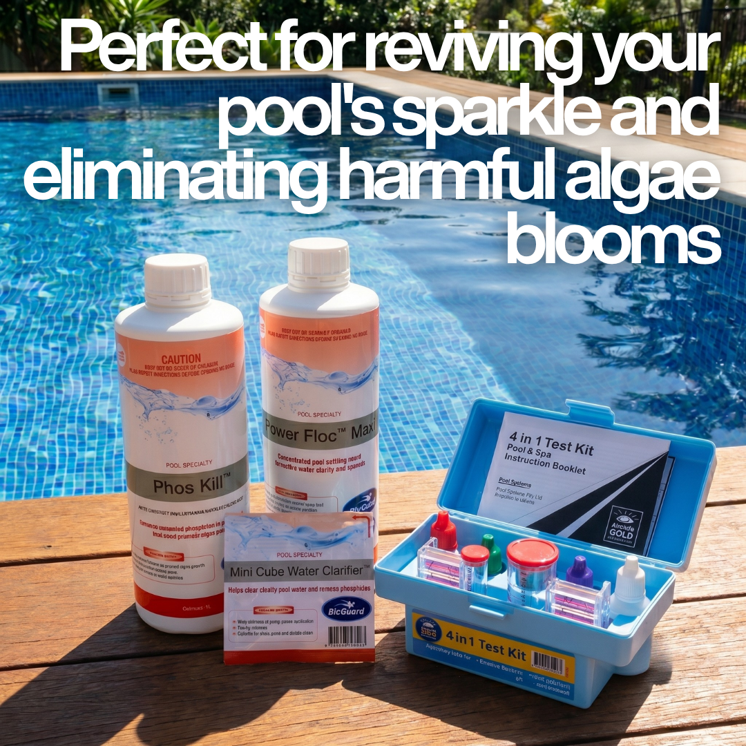 BioGuard swimming pool recovery and clarity kit on a timber deck featuring a text overlay: Perfect for reviving your pool's sparkle and eliminating harmful algae blooms.