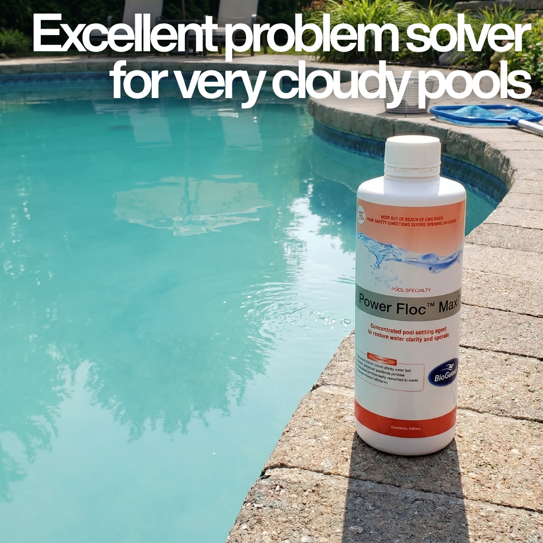 A bottle of BioGuard Power Floc Maxi concentrated pool settling agent sitting on a stone poolside edge. In the background is a slightly cloudy swimming pool, paired with a large white text overlay that reads "Excellent problem solver for very cloudy pools."