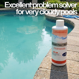 A bottle of BioGuard Power Floc Maxi concentrated pool settling agent sitting on a stone poolside edge. In the background is a slightly cloudy swimming pool, paired with a large white text overlay that reads "Excellent problem solver for very cloudy pools."