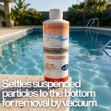 A 946ml bottle of BioGuard Power Floc Maxi concentrated pool settling agent standing on a stone ledge next to an outdoor swimming pool. A large white text overlay states, "Settles suspended particles to the bottom for removal by vacuum," explaining how the pool flocculant works.