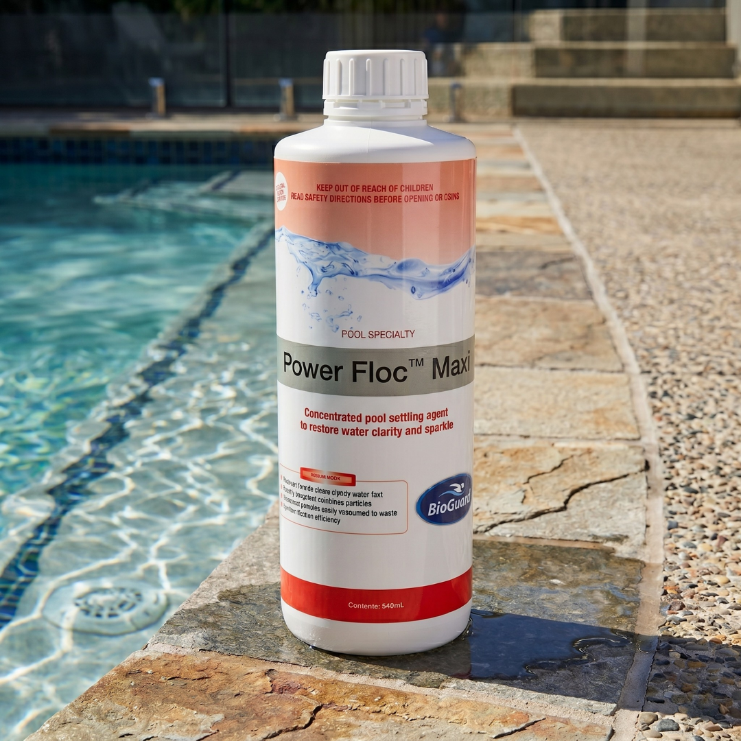 A bottle of BioGuard Power Floc Maxi concentrated pool settling agent standing on a wet stone walkway next to a sunny backyard swimming pool. The label displays the BioGuard logo and text indicating it is a pool specialty product designed to restore water clarity and sparkle.