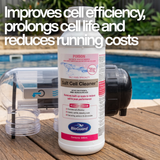 BioGuard Salt Cell Cleaner 946mL bottle next to a salt chlorinator cell poolside. Text overlay highlights benefits: improves cell efficiency, prolongs cell life, and reduces pool running costs.