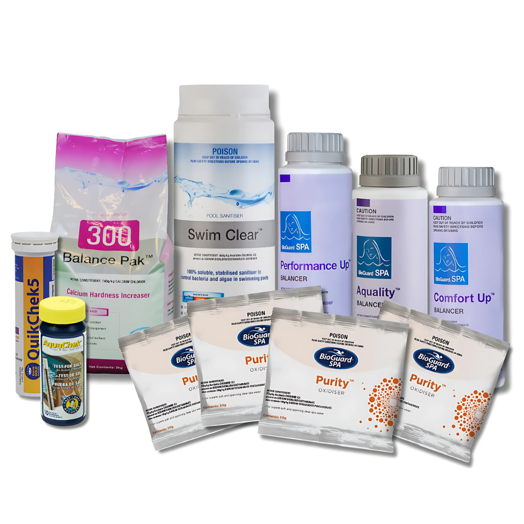 BioGuard SaltSwim plunge pool and spa chemical startup kit including Balance Pak 300, Swim Clear sanitiser, AquaChek test strips, BioGuard Spa Purity oxidiser sachets, Performance Up, Aquality, and Comfort Up balancers.