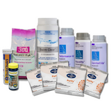 BioGuard SaltSwim plunge pool and spa chemical startup kit including Balance Pak 300, Swim Clear sanitiser, AquaChek test strips, BioGuard Spa Purity oxidiser sachets, Performance Up, Aquality, and Comfort Up balancers.