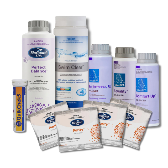 BioGuard SPA and pool chemical kit featuring Perfect Balance, Swim Clear sanitiser, Performance Up, Aquality, Comfort Up balancers, four Spa Purity oxidiser sachets, and QuikChek5 test strips.