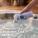 A hand pouring BioGuard SPA Aquality balancer powder into a steaming, bubbling hot tub to lower pH and decrease total alkalinity.