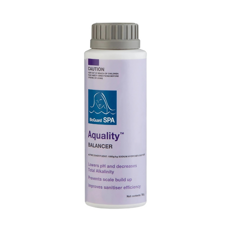 A 750g bottle of BioGuard Spa Aquality Balancer, a sodium hydrogen sulphate dry acid used to lower pH and decrease total alkalinity in hot tub water.