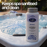 BioGuard SPA Armour 800g sanitiser and oxidiser sitting on a bubbling spa edge. Text overlay reads "Keeps spa sanitised and clean," highlighting its dual-action chlorine and bromine formula for bacteria control.