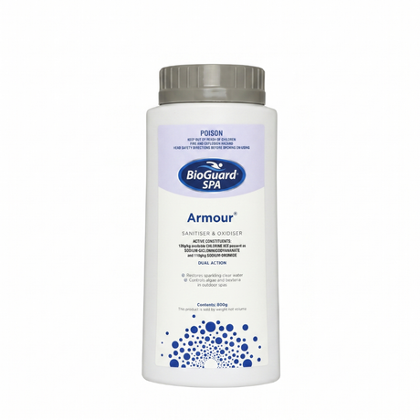 BioGuard SPA Armour 800g bottle, a dual-action sanitiser and oxidiser for outdoor spas. This chlorine and bromine-based formula controls algae and bacteria while restoring sparkling clear water.