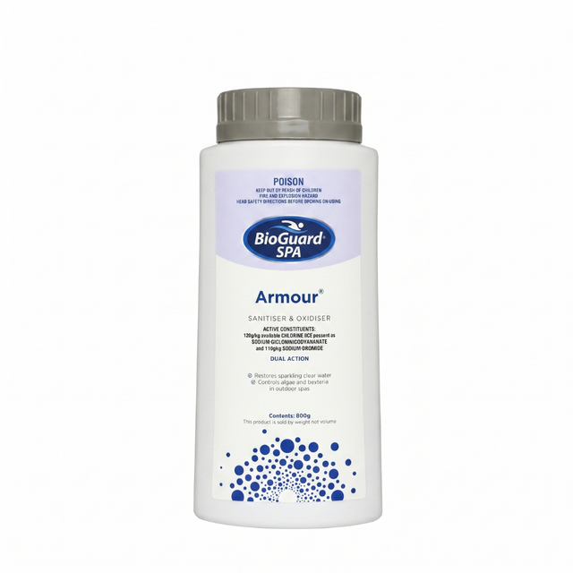 BioGuard SPA Armour 800g bottle, a dual-action sanitiser and oxidiser for outdoor spas. This chlorine and bromine-based formula controls algae and bacteria while restoring sparkling clear water.