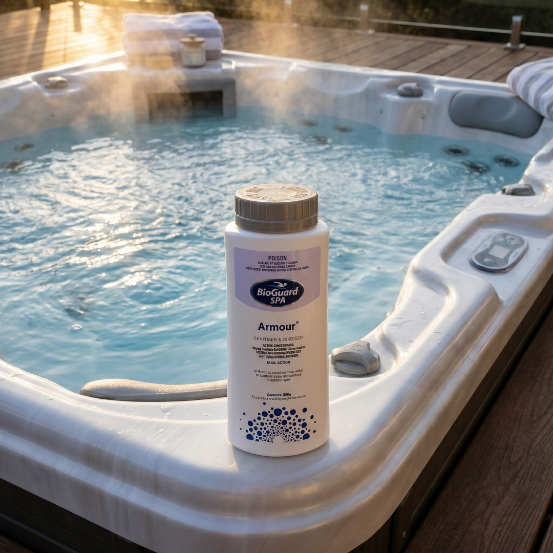 BioGuard SPA Armour 800g sanitiser and oxidiser bottle sitting on the edge of a steaming outdoor hot tub. This dual-action chemical restores sparkling clear water and controls bacteria in spa pools.