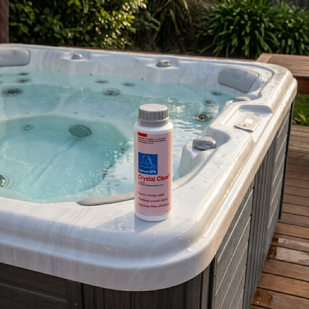 A 500ml bottle of BioGuard SPA Crystal Clear water clarifier positioned on the edge of an outdoor hot tub with clear water. The container features a pink label outlining its benefits for clearing cloudy spa water and improving filter efficiency.