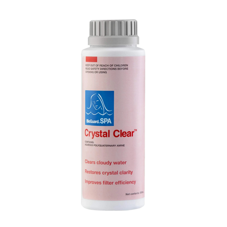 A 500ml bottle of BioGuard SPA Crystal Clear water clarifier isolated on a solid white background. The pink label displays the BioGuard SPA logo and states that it clears cloudy water, restores crystal clarity, improves filter efficiency, and contains aqueous polyquaternary amine.