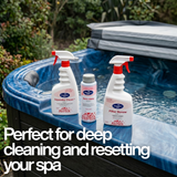A BioGuard SPA cleaning kit including Squeaky Clean spray, Swirl Away pipe cleaner, and Filter Renew spray sitting on the ledge of a blue outdoor hot tub. Text overlay reads, "Perfect for deeply cleaning and resetting your spa."