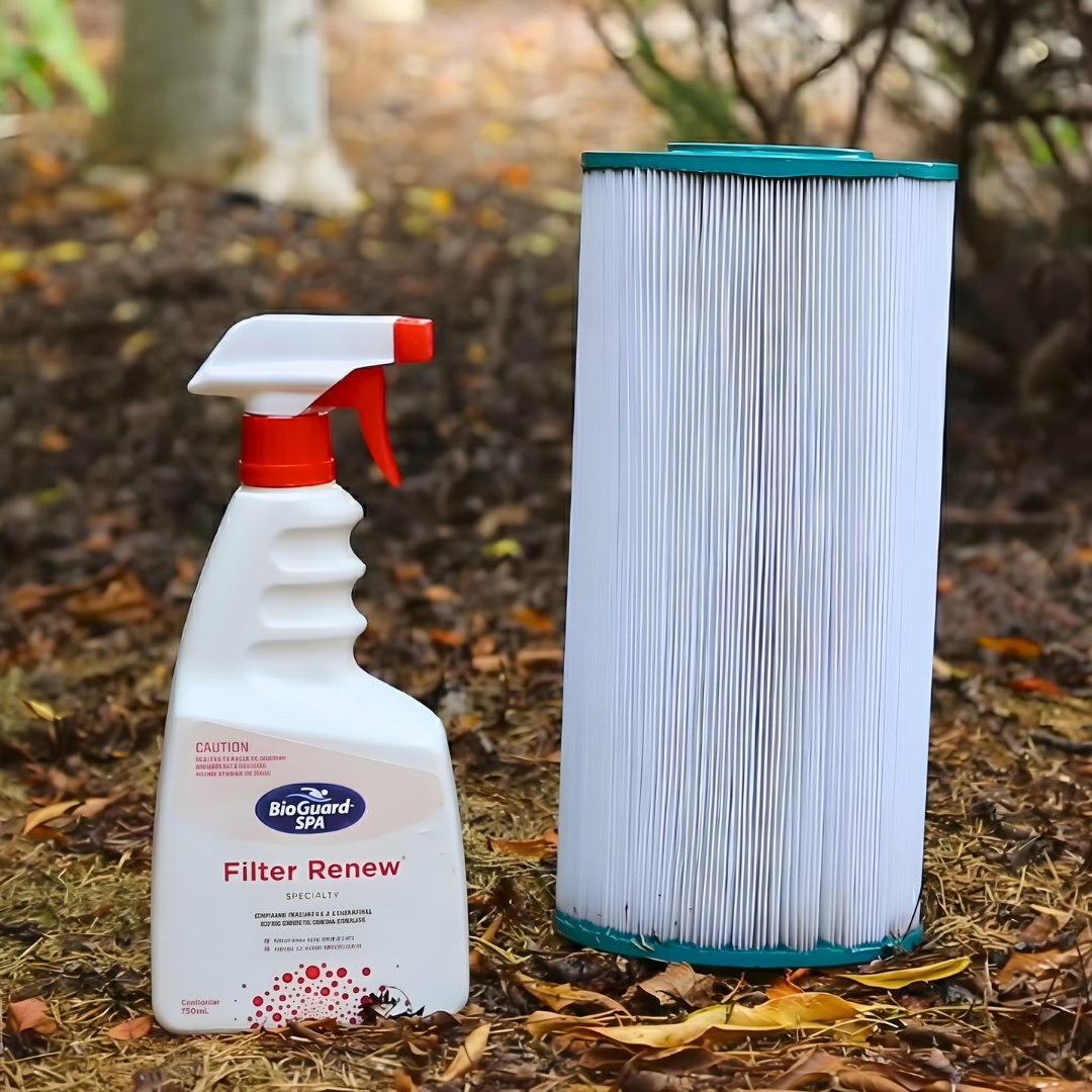 BioGuard SPA Filter Renew 750mL spray bottle sitting next to a clean, white spa cartridge filter, demonstrating the results of a regular filter cleaning routine for hot tubs and spas.
