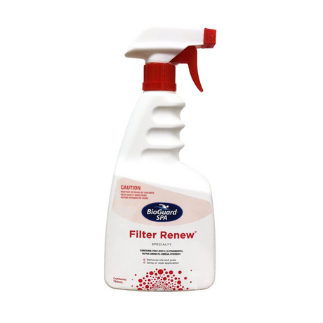 BioGuard SPA Filter Renew 750mL spray bottle, a heavy-duty filter cleaner designed to remove oils, scale, and organic waste from hot tub and spa cartridge filters.