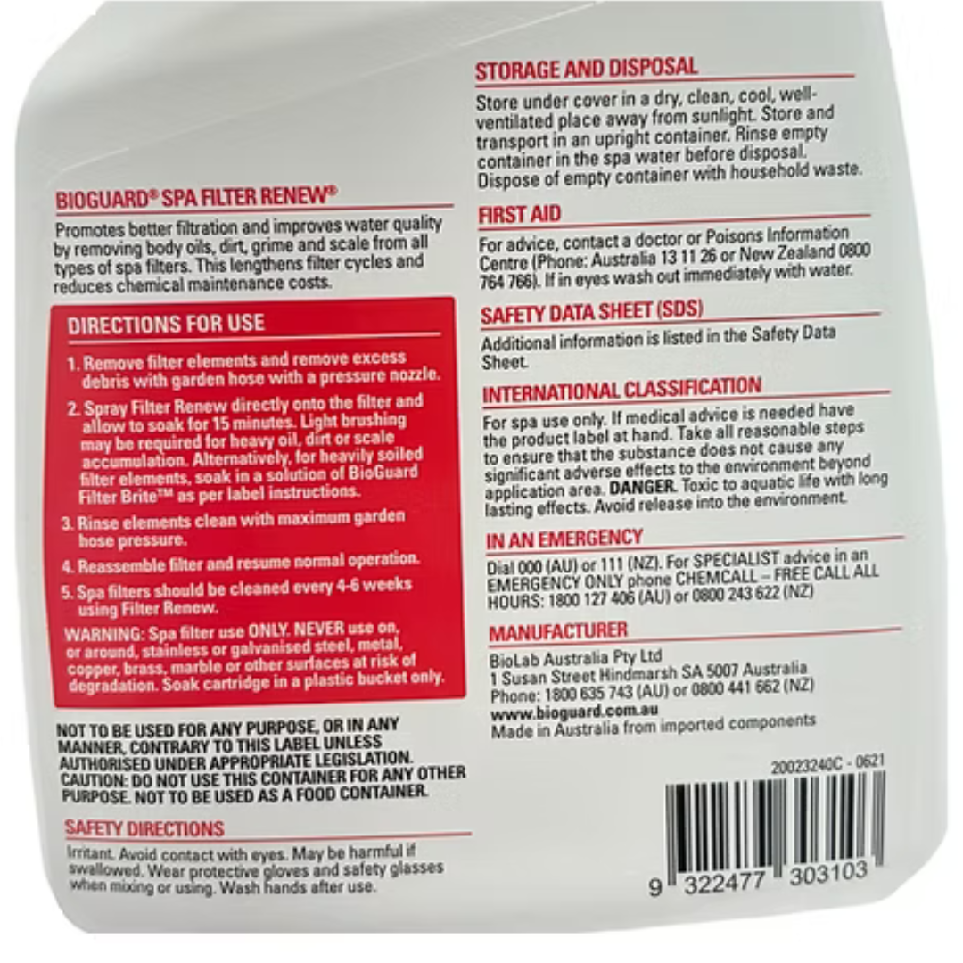 Back label of BioGuard SPA Filter Renew showing detailed directions for use, safety instructions, and first aid information. Includes steps for cleaning spa cartridge filters to remove body oils, dirt, and scale.