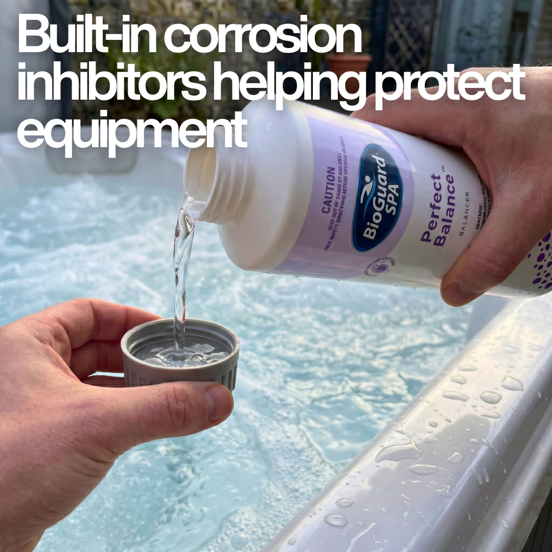 Close-up of a person pouring BioGuard Spa Perfect Balance into a measuring cap with text: "Built-in corrosion inhibitors helping protect equipment," demonstrating spa heater and pump protection.