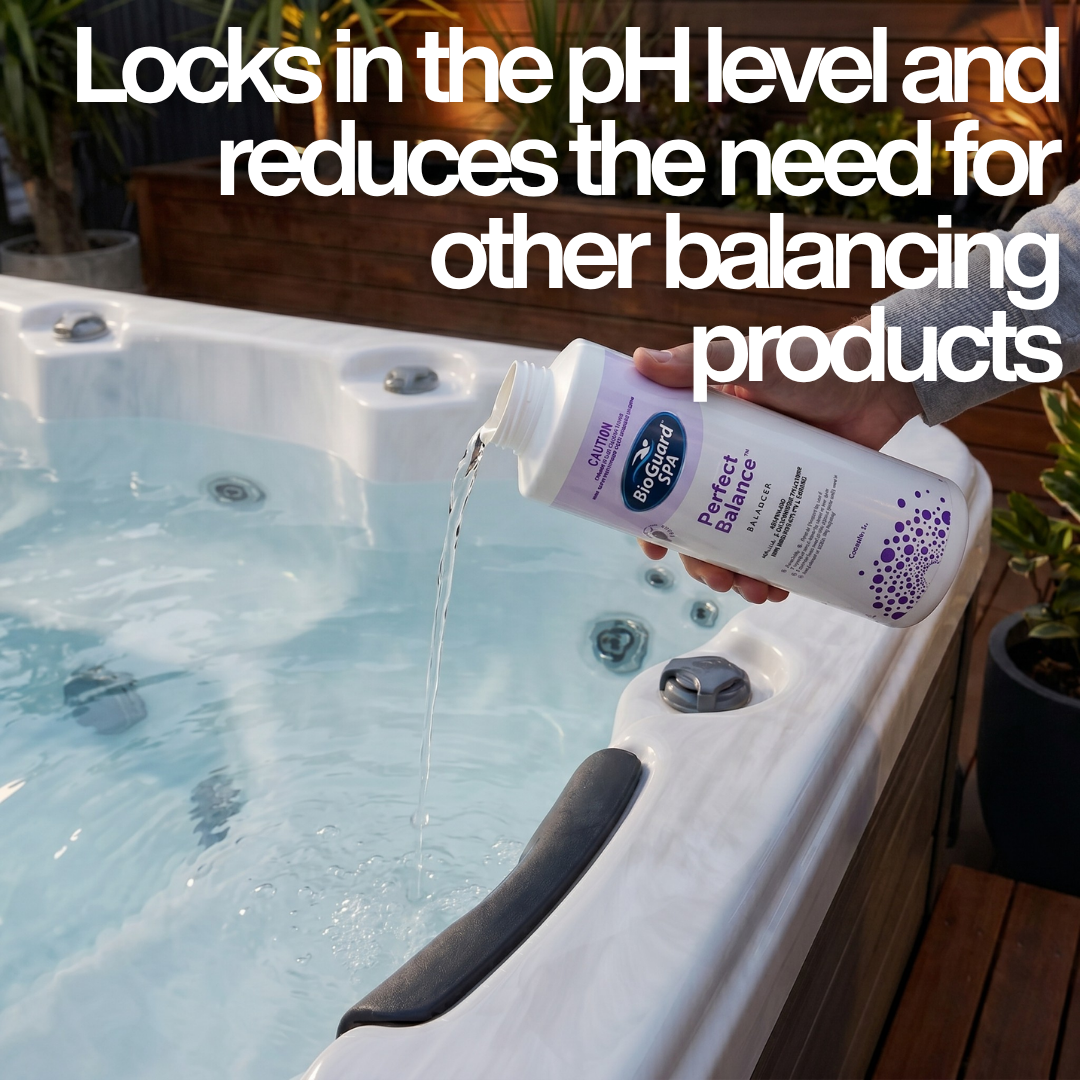 A hand pouring BioGuard Spa Perfect Balance into a hot tub with text: "Locks in the pH level and reduces the need for other balancing products," showing how to stabilize spa water chemistry.