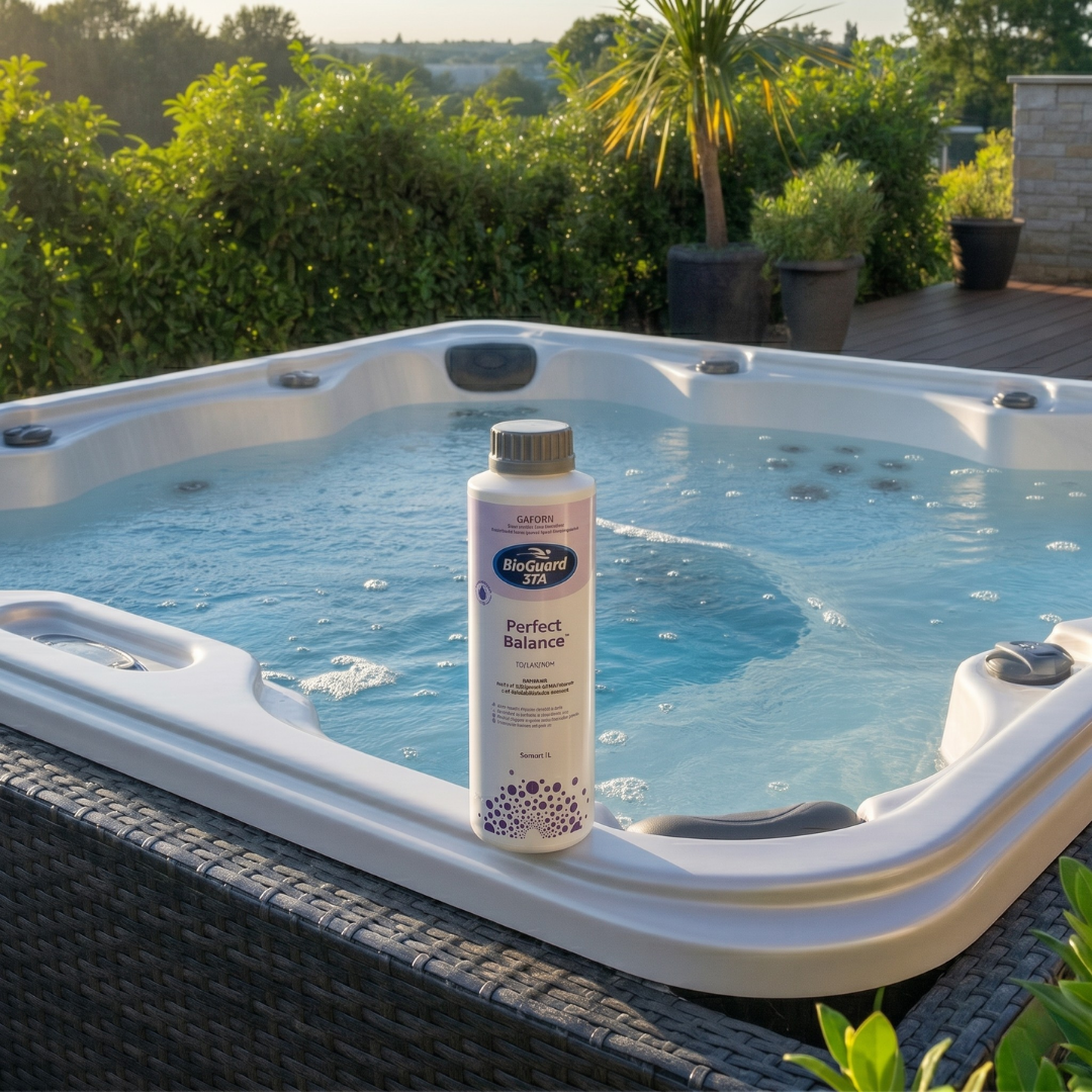 A 1L bottle of BioGuard Spa Perfect Balance sitting on the edge of a bubbling outdoor hot tub, used as a phosphate buffer to lock in pH and alkalinity for easy spa water care.