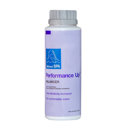 500g bottle of BioGuard Spa Performance Up Total Alkalinity Increaser, a sodium hydrogen carbonate balancer used to stabilize pH and prevent pH bounce in hot tubs.