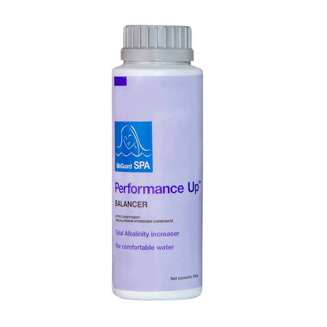 500g bottle of BioGuard Spa Performance Up Total Alkalinity Increaser, a sodium hydrogen carbonate balancer used to stabilize pH and prevent pH bounce in hot tubs.