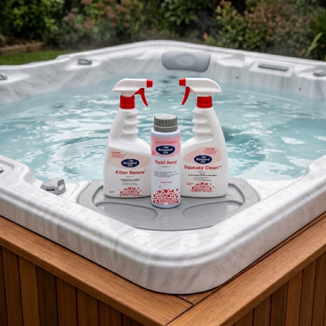 A BioGuard SPA cleaning kit, including Filter Renew spray, Swirl Away pipe cleaner, and Squeaky Clean spray, sitting on the built-in tray of an outdoor hot tub filled with clear water.