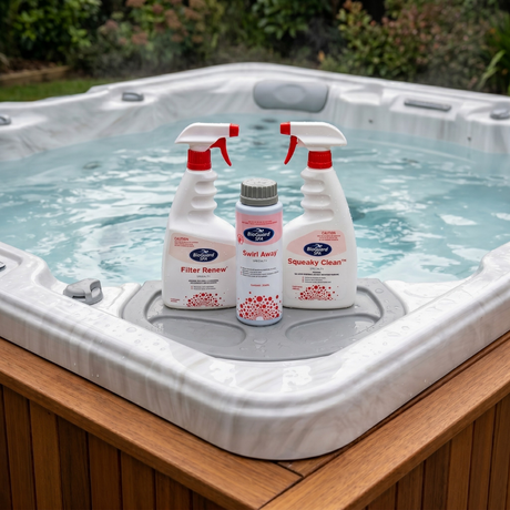 A BioGuard SPA cleaning kit, including Filter Renew spray, Swirl Away pipe cleaner, and Squeaky Clean spray, sitting on the built-in tray of an outdoor hot tub filled with clear water.