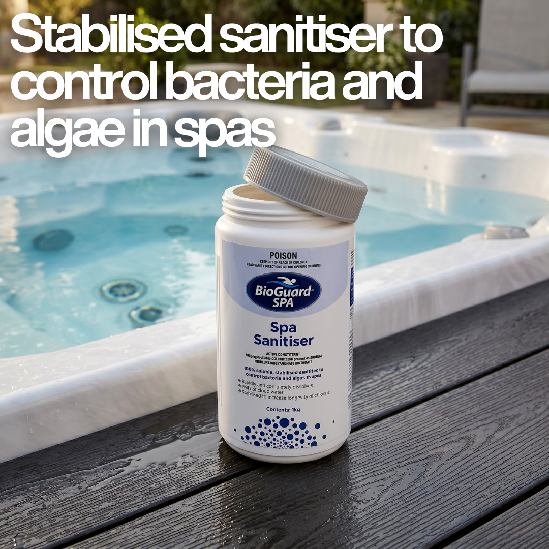 An open 1kg bottle of BioGuard SPA Spa Sanitiser on a dark deck by a white hot tub with text: "Stabilised sanitiser to control bacteria and algae in spas.