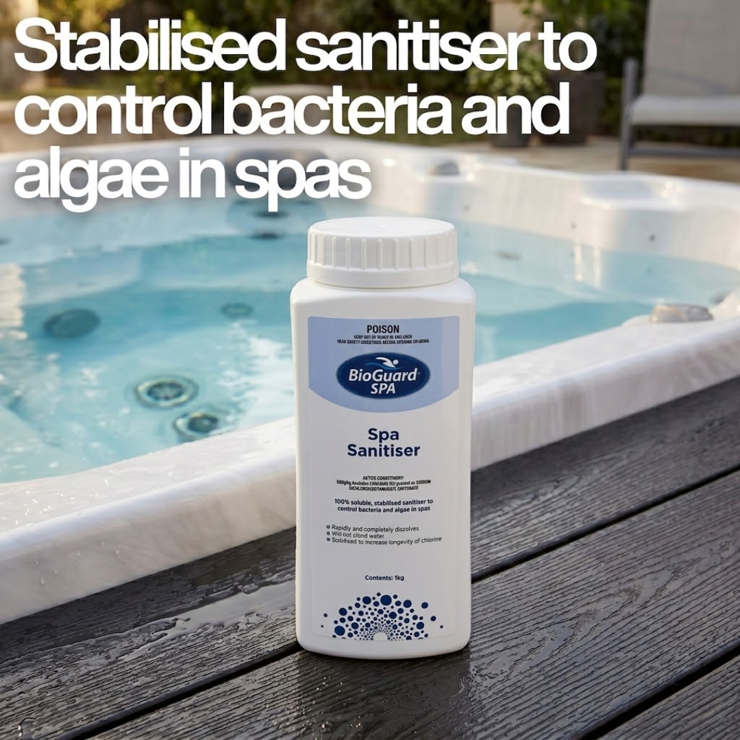 An open 1kg bottle of BioGuard SPA Spa Sanitiser on a dark deck by a white hot tub with text: "Stabilised sanitiser to control bacteria and algae in spas.