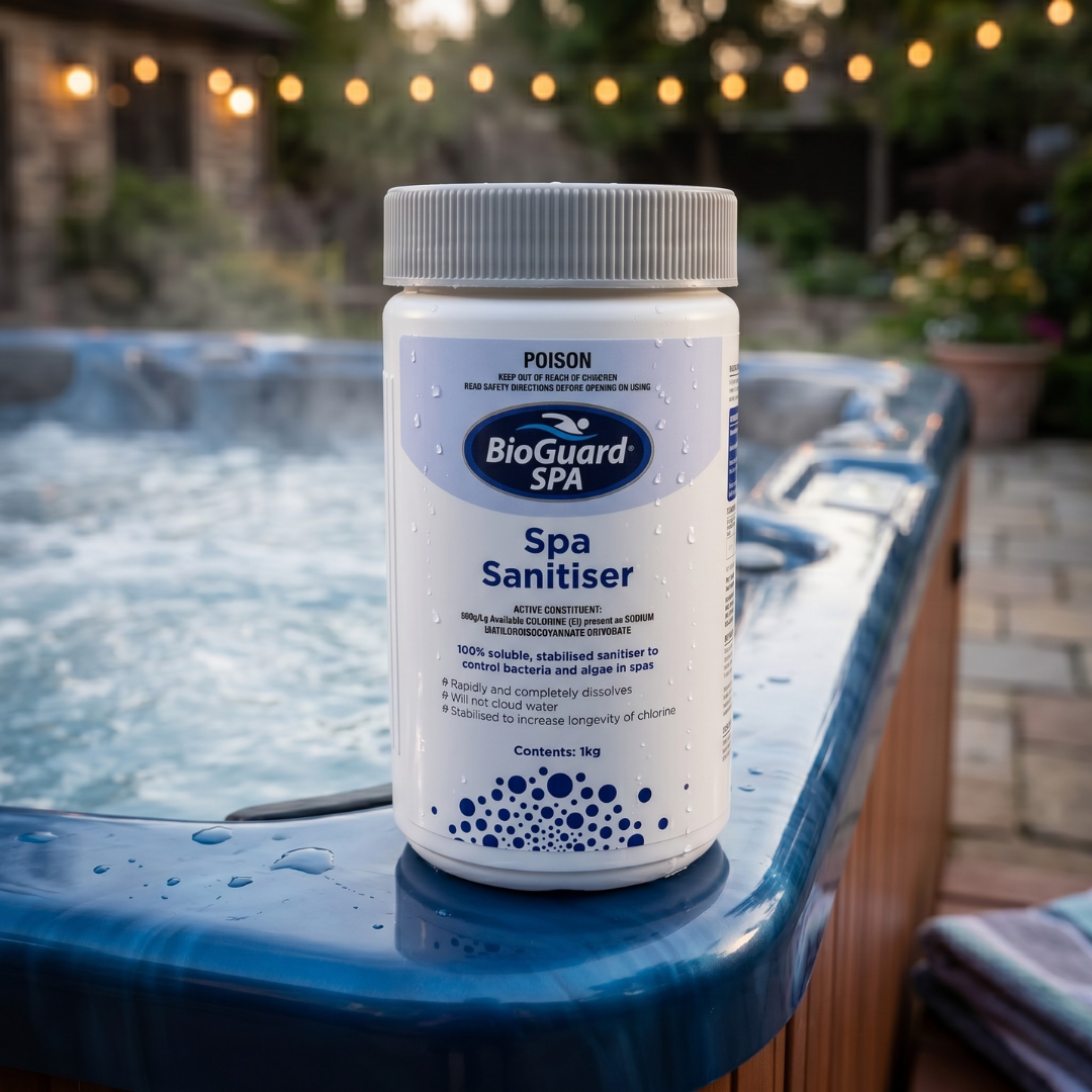 A 100% soluble BioGuard SPA Spa Sanitiser 1kg bottle sitting on the edge of a bubbling blue hot tub, providing stabilised chlorine to control bacteria and algae.