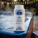 A 100% soluble BioGuard SPA Spa Sanitiser 1kg bottle sitting on the edge of a bubbling blue hot tub, providing stabilised chlorine to control bacteria and algae.