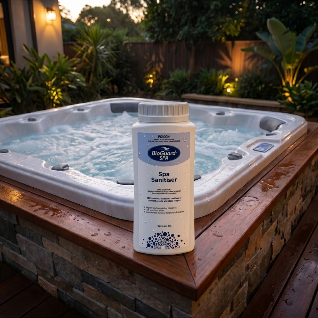 1kg bottle of BioGuard SPA Spa Sanitiser on a wooden hot tub deck at dusk, showing a stabilised chlorine treatment for clear and healthy spa water.