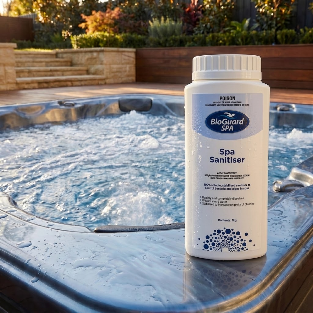 A 1kg bottle of BioGuard SPA Spa Sanitiser sitting on the ledge of an outdoor bubbling hot tub in the morning sun, providing stabilised chlorine for bacteria control.
