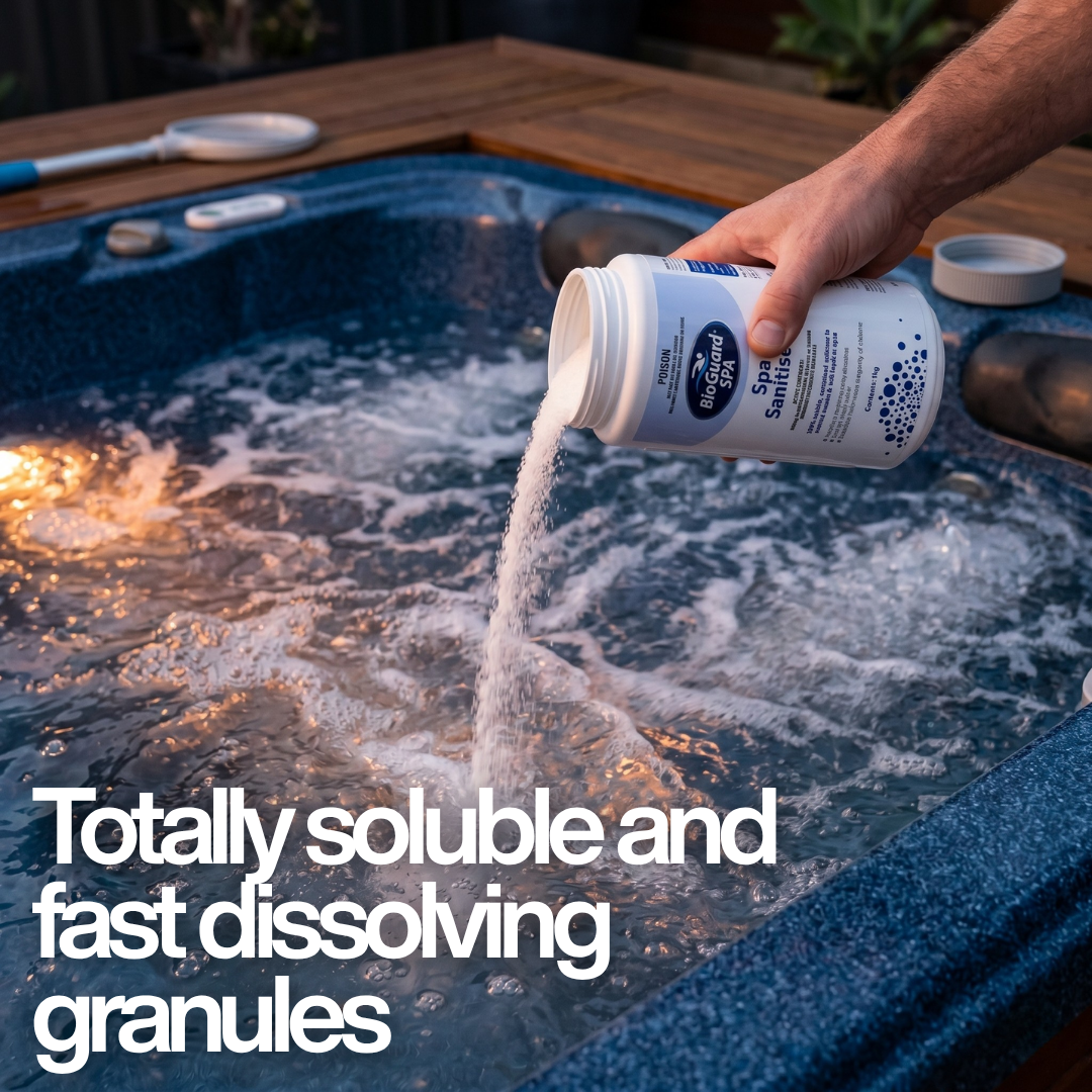 A hand pouring BioGuard SPA Spa Sanitiser granules into a bubbling blue hot tub with text: "Totally soluble and fast dissolving granules," demonstrating easy application and water clarity.