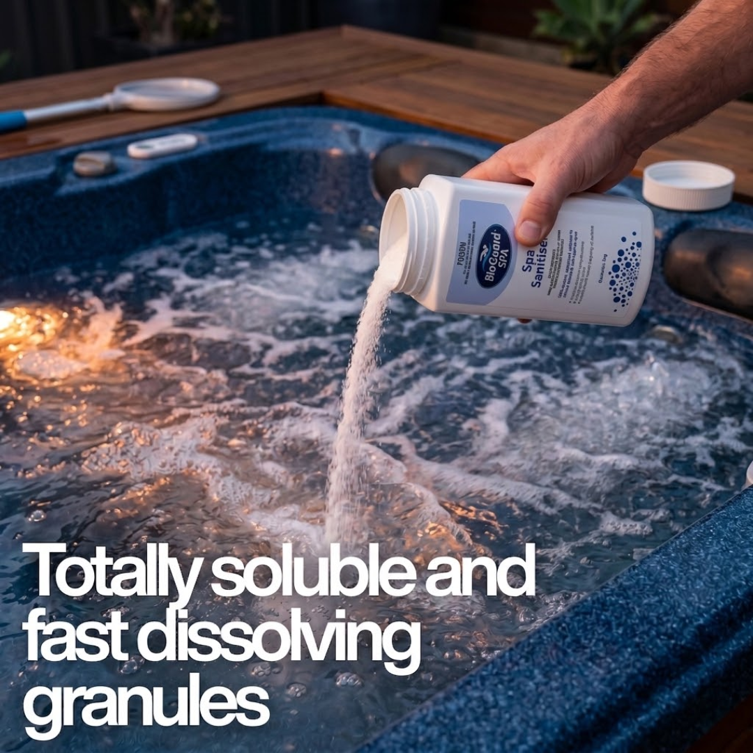 A hand pouring BioGuard SPA Spa Sanitiser granules into a bubbling blue hot tub with text: "Totally soluble and fast dissolving granules," demonstrating easy application and water clarity.