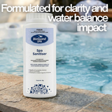 BioGuard SPA Spa Sanitiser 1kg on a stone spa edge with text: "Formulated for clarity and minimal water balance impact," highlighting its pH-neutral qualities for hot tubs.