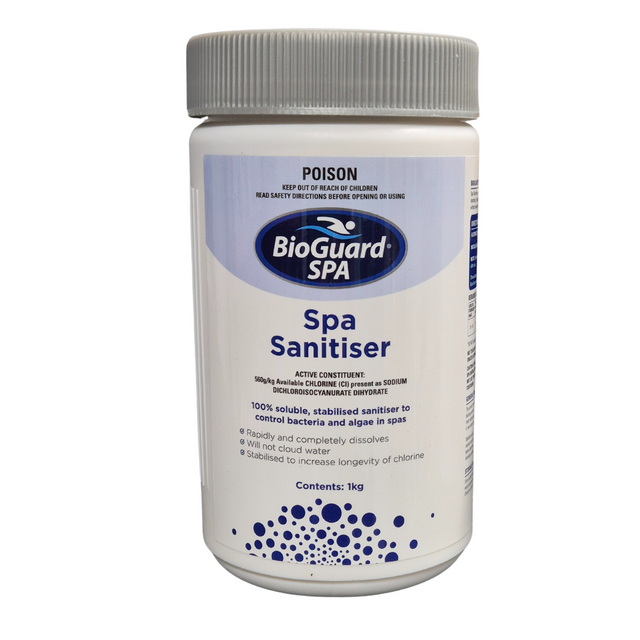 1kg bottle of BioGuard SPA Spa Sanitiser, a 100% soluble and stabilised chlorine sanitiser for controlling bacteria and algae in hot tubs and spas.