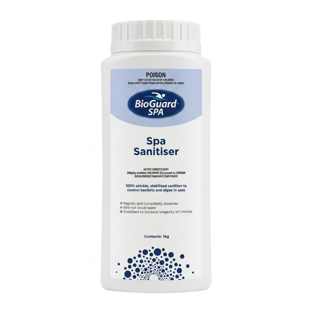 1kg bottle of BioGuard SPA Spa Sanitiser, a 100% soluble and stabilised chlorine sanitiser for controlling bacteria and algae in hot tubs and spas.