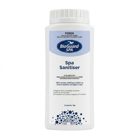 1kg bottle of BioGuard SPA Spa Sanitiser, a 100% soluble and stabilised chlorine sanitiser for controlling bacteria and algae in hot tubs and spas.