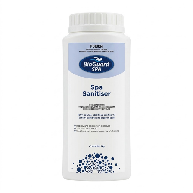1kg bottle of BioGuard SPA Spa Sanitiser, a 100% soluble and stabilised chlorine sanitiser for controlling bacteria and algae in hot tubs and spas.