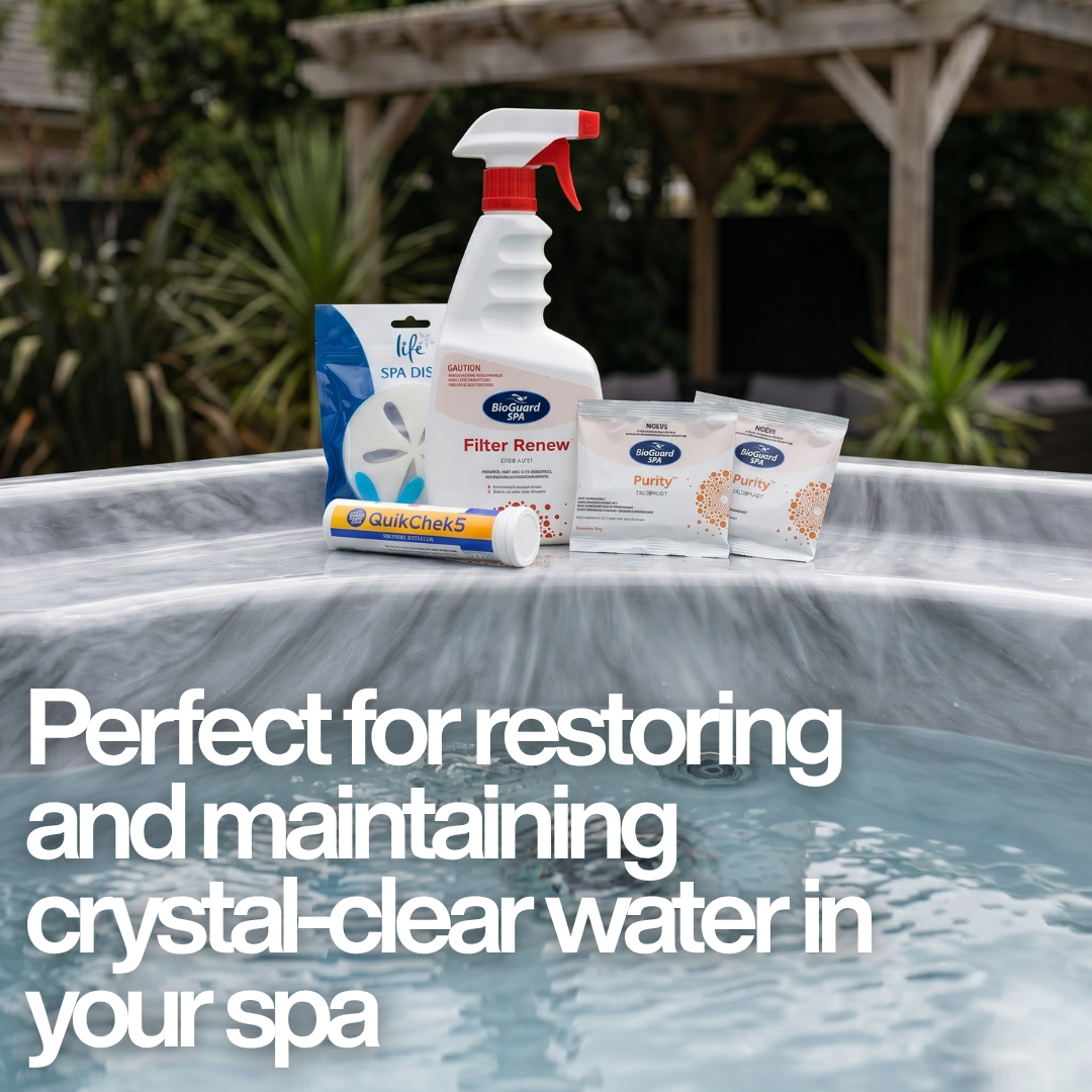 A BioGuard Spa Water Resuscitation Kit with QuikChek 5 strips, a Life Spa Disc, Filter Renew spray, and Purity packets on the ledge of a hot tub. Text overlay reads, "Perfect for restoring and maintaining crystal-clear water in your spa."
