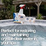 A BioGuard Spa Water Resuscitation Kit with QuikChek 5 strips, a Life Spa Disc, Filter Renew spray, and Purity packets on the ledge of a hot tub. Text overlay reads, "Perfect for restoring and maintaining crystal-clear water in your spa."