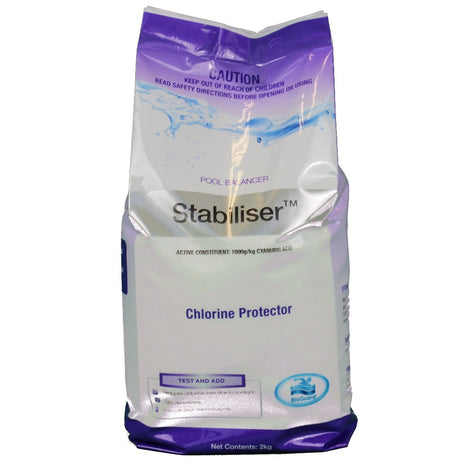 2kg bag of BioGuard Stabiliser, a 100% cyanuric acid pool balancer designed to protect chlorine from UV sunlight degradation.