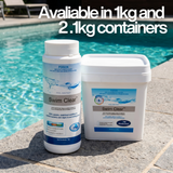 BioGuard Swim Clear pool sanitiser shown in 1kg bottle and 2.1kg bucket sizes poolside, with text: "Available in 1kg and 2.1kg containers."